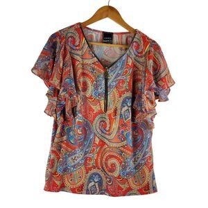 Paisley Knit Top by Coco Blanco Flouncy Sleeves Gold Zipper Cottage Small Bright
